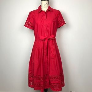 Talbots Red Eyelet cutout Red Belted dress 8